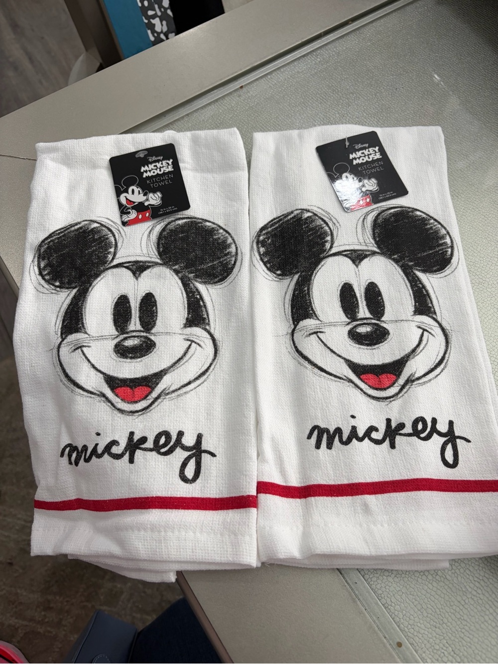 Disney Mickey Mouse White kitchen towels with Black and Red Accent